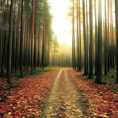 Fototapeta premium Autumn forest path with fallen leaves in red, gold, and orange tones, leading into the distance under a soft golden glow.