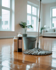 Cleaning Supplies: Floor Care in Bright Living Room