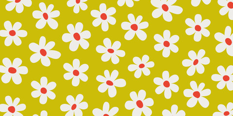 Psychedelic groovy background with white daisy flowers on light green backdrop. Retro daisy flower pattern in abstract style, great for fabric or wrapping paper