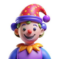 Whimsical 3d clown character with colorful costume and hat isolated on transparent background
