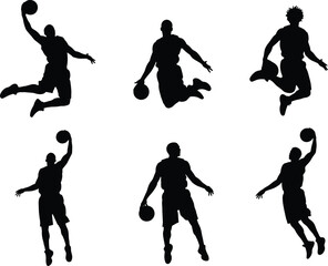 Basketball player silhouettes performing slam dunks and jump shots in dynamic poses, perfect for sports design, posters, and athletic content. © Asha Creatives