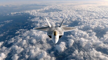 A high-performance aircraft soars gracefully above the clouds, showcasing advanced technology against a blue sky