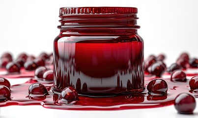 A glossy red jar surrounded by spilled juice and berries