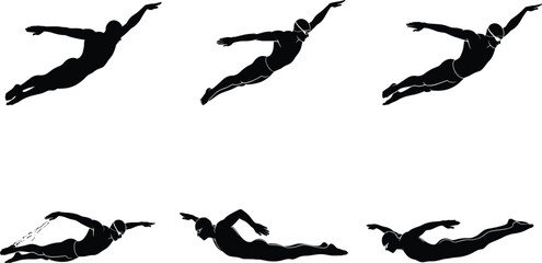 Butterfly stroke swimmer silhouettes showing dynamic underwater and airborne phases, ideal for sports design, technique analysis, and aquatic-themed vector content.