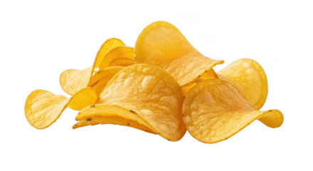 A pile of golden potato chips, a popular salty snack, isolated on a transparent background