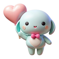 Cute cyan bunny character holding a pink heart balloon isolated on transparent background