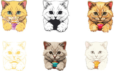 Kitten holding yarn ball in various artistic styles including sketch, pastel, realistic, minimal, and colorful design for creative use.