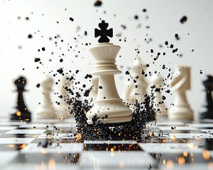 A white chess king exploding in a burst of black particles on a chessboard
