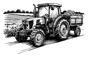 Tractor in Rural Landscape with Loaded Trailer Black and White Outline Line Art Drawing Farm Machine