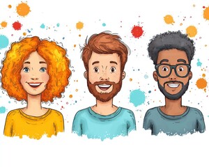 Cartoon illustration of three diverse people with happy expressions