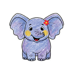 Obraz premium Colorful crayon drawing of a smiling elephant with a red flower on its ear against a clean white background.