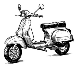 Classic Vespa Scooter Vintage Side View Black and White Outline Line Art Drawing with Retro Details