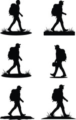 Silhouette of man walking with backpack, hiker trekking outdoor adventure, travel illustration vector for camping, hiking, exploration and tourism design