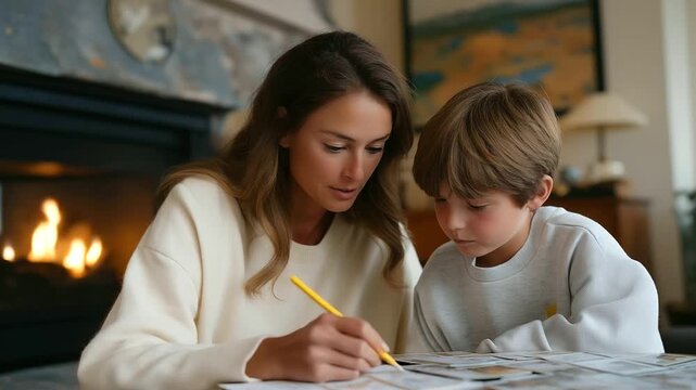 A 7 year old practices spelling words with a parent in a cozy living room with flashcards scattered a fireplace glowing and a clock ticking toward departure depicted in a