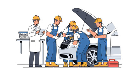 Automotive technicians working on a car in a repair shop.