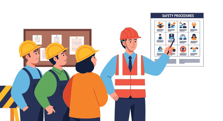 Construction workers attending a safety briefing, learning safety procedures from a supervisor.