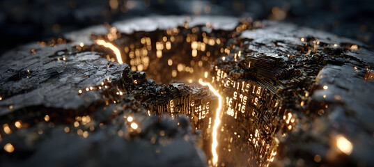 Metal shield with a central crack leaking glowing binary code, symbolizing a cybersecurity breach or digital data leak in a dark, tech-themed setting.