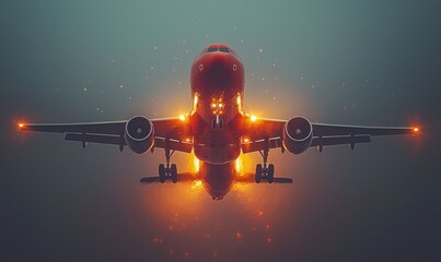 Airplane landing in a foggy twilight sky
