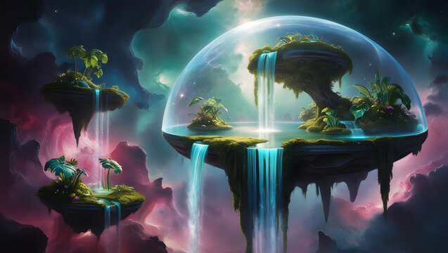 Ethereal floating islands with lush waterfalls and vibrant greenery, encapsulated in a glass dome, set against a cosmic, dreamlike sky, creating a serene utopian landscape