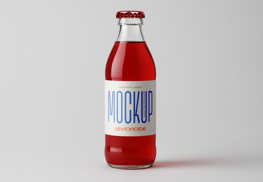 Clear Glass Bottle with Red Soda Juice Beverage Packaging Label Mockup
