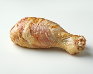 A single, cooked chicken drumstick on a white background