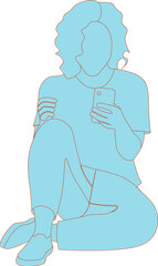mujer sentada con teléfono móvil - silueta vectorial minimalista - fondo transparente - png