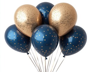 A cluster of gold and navy blue patterned balloons