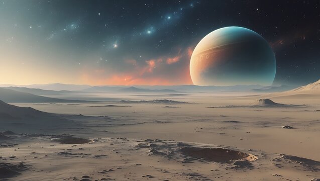 Exoplanet landscape with a ringed planet in the sky and a starry background