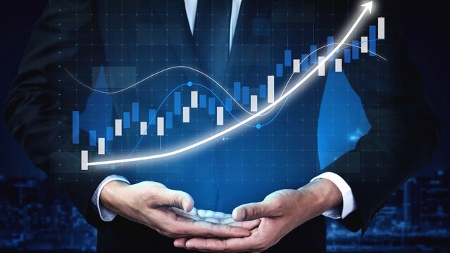 A businessman in a professional suit holds hands together as a digital growth graph with an upward trend appears, symbolizing success and innovation in finance. Copula