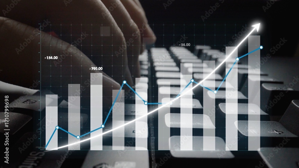 Poster a close-up image featuring hands typing on a computer keyboard while digital graphs and charts illus