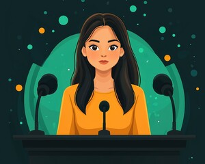 A woman in a yellow top at a podium, addressing the audience