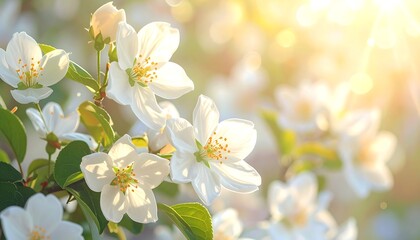 Obraz premium Delicate white blossoms of an tree bathed in golden sunlight, showcasing the beauty of spring.