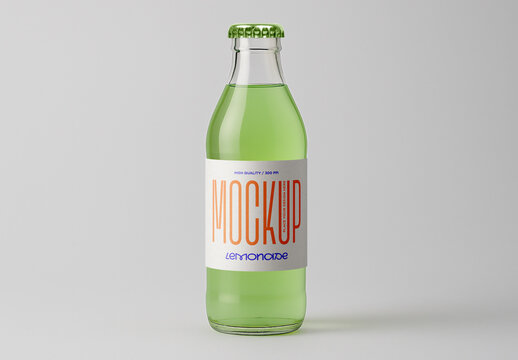 Clear Glass Bottle with Green Lemonade Beverage Packaging Label Mockup