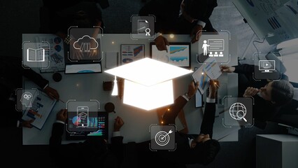 A dynamic business meeting scene showcasing professionals collaborating around a table, featuring symbolic icons representing education and strategic growth. Raster