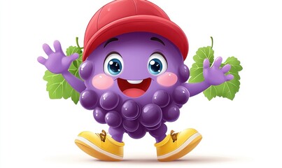 Cartoon grape character wearing a hat and waving
