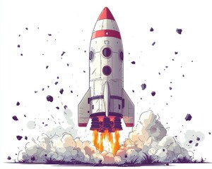 A rocket launching into space, with a burst of flames and debris