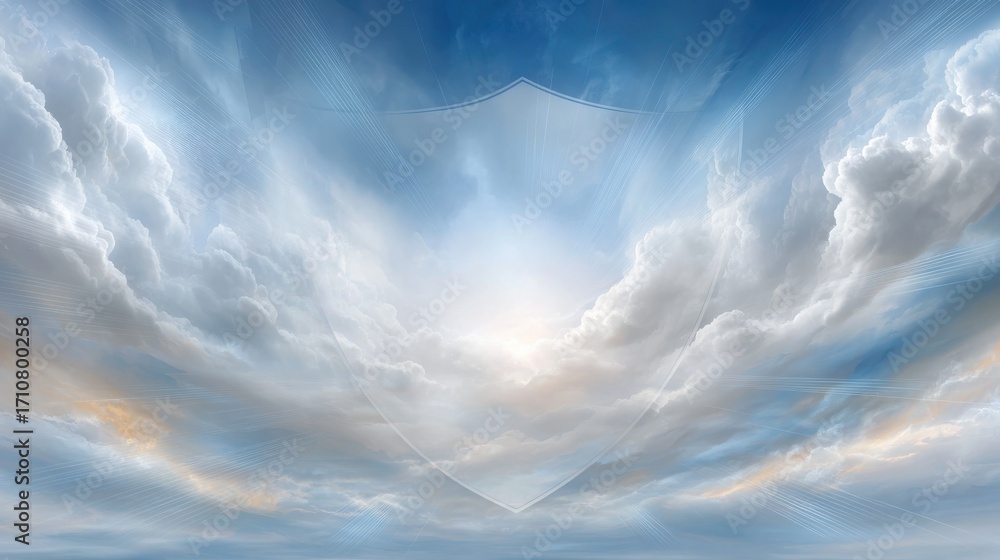 Poster cybersecurity event glowing shield over translucent digital cloud in a futuristic environment for en