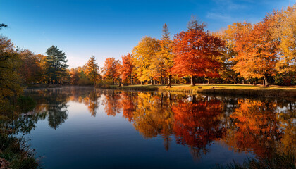 Reflection Of Colorful Autumn Trees In A Pond