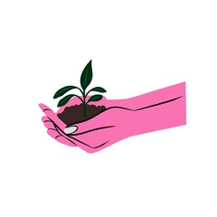 Pink Hands Carrying Green Seedling Flat Illustration