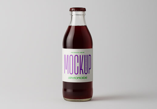 Clear Glass Bottle with Dark Red Lemonade Beverage Label Mockup