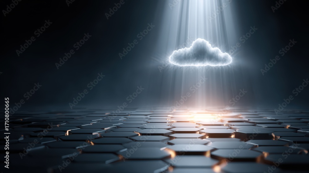 Aufkleber cybersecurity cloud concept abstract geometric cloud icon surrounded by hexagons in a dark digital e