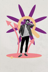 3d poster image vertical pop art collage of happy manager girl guy stand magnifier lens search vacancy arrow point up progress