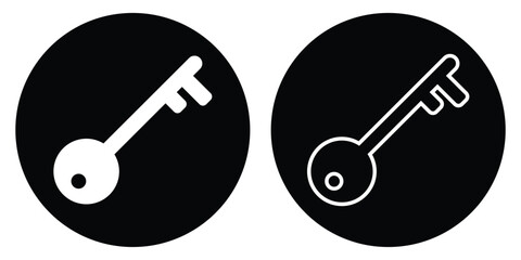 Unlock keyword signs set on white page. Silhouette key icon set on isolated white page. Black isolated vector key icon set on white background. Dark black circle key icon silhouette. EPS 10. 
