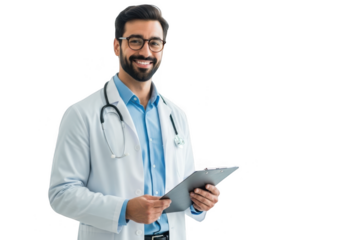 Smiling doctor wearing lab coat and stethoscope holding tablet isolated on transparent background