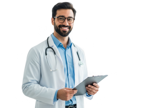 Smiling doctor wearing lab coat and stethoscope holding tablet isolated on transparent background - Powered by Adobe