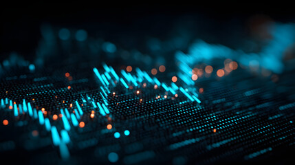 Abstract digital stock market chart with glowing blue lines and bokeh effects representing financial growth and analysis.