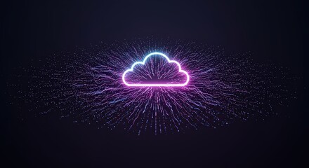Digital cloud computing icon illuminated with vibrant neon light and dynamic data stream particles on a dark abstract background.