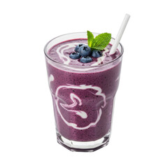 Fresh blueberry smoothie with cream, mint and drinking straw isolated PNG with Transparent Background