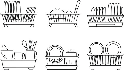 Collection of six different dish drying racks with kitchen utensils and plates artistic sketch