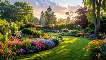 A meticulously landscaped garden bursts with vibrant colors at sunset, showcasing a profusion of flowers and lush greenery.